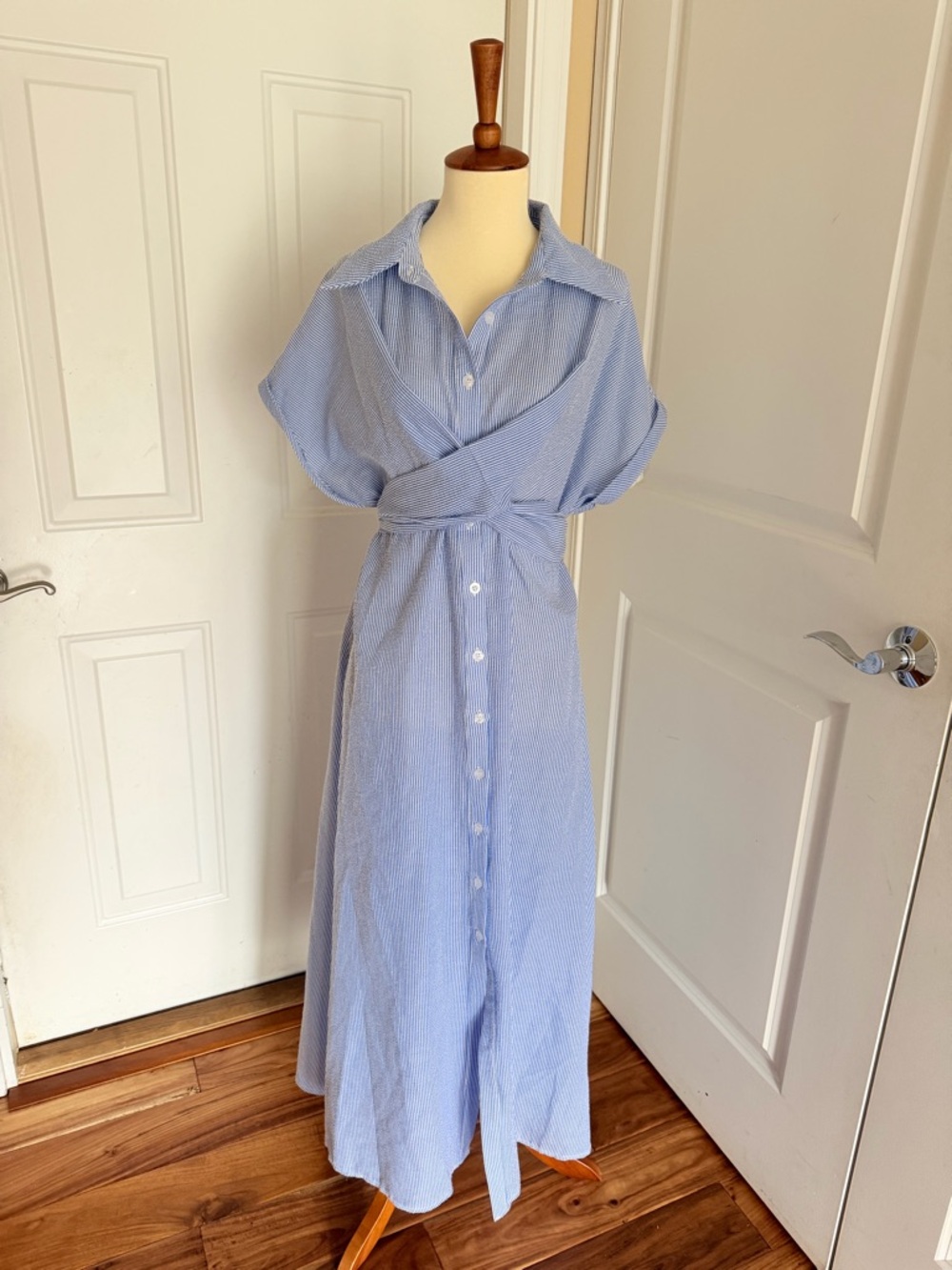 SHEIN Light Blue Striped Button-Front Maxi Dress with Waist Tie